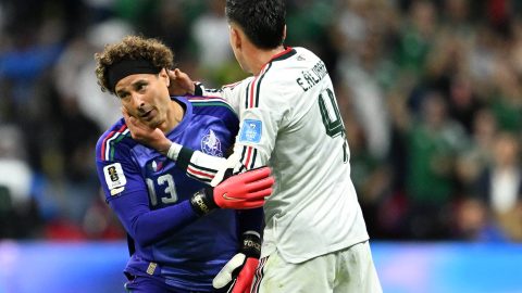 Mexico's goalkeeper #13 Guillermo Ochoa hugs teammate midfielder #04 Edson Alvarez as he is substituted in during the 2026 World Cup Group A football match between the Czech Republic and Mexico at the Mexico City Stadium in Mexico City on June 24, 2026.