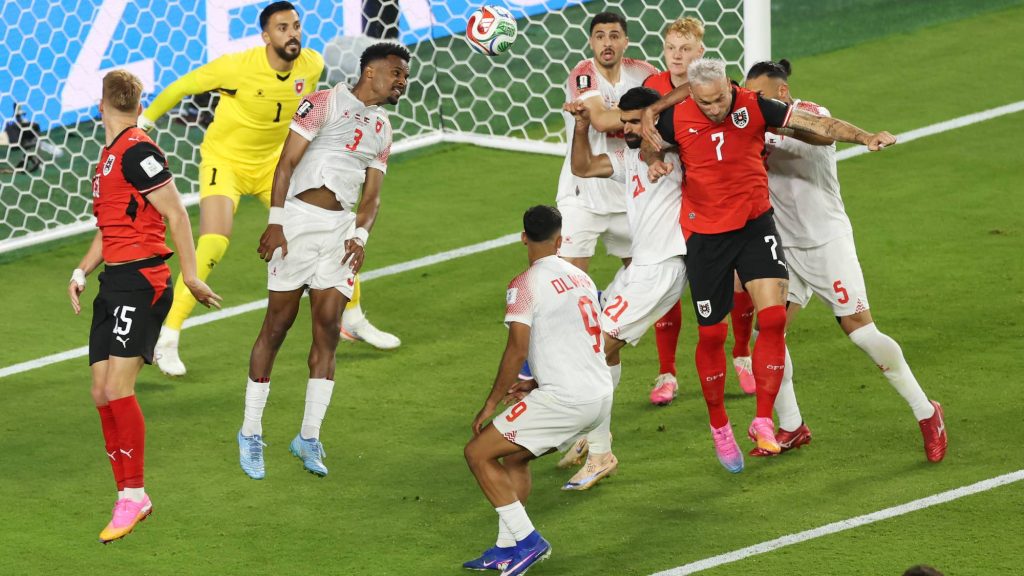SANTA CLARA, CALIFORNIA - JUNE 16: Yazan Alarab #5 of Jordan scores an own goal, the second goal for Austria during the FIFA World Cup 2026 Group J match between Austria and Jordan at San Francisco Bay Area Stadium on June 16, 2026 in Santa Clara, California. Dean Mouhtaropoulos/Getty Images/AFP