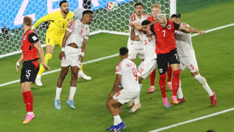 SANTA CLARA, CALIFORNIA - JUNE 16: Yazan Alarab #5 of Jordan scores an own goal, the second goal for Austria during the FIFA World Cup 2026 Group J match between Austria and Jordan at San Francisco Bay Area Stadium on June 16, 2026 in Santa Clara, California. Dean Mouhtaropoulos/Getty Images/AFP