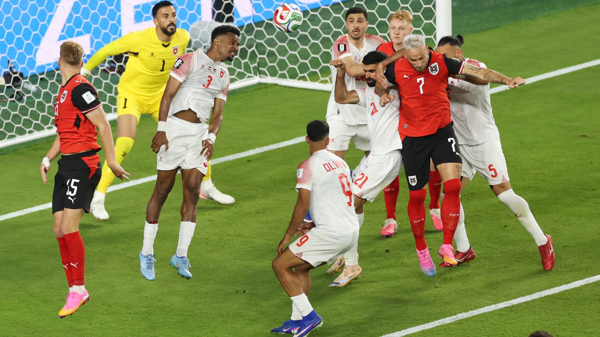SANTA CLARA, CALIFORNIA - JUNE 16: Yazan Alarab #5 of Jordan scores an own goal, the second goal for Austria during the FIFA World Cup 2026 Group J match between Austria and Jordan at San Francisco Bay Area Stadium on June 16, 2026 in Santa Clara, California. Dean Mouhtaropoulos/Getty Images/AFP