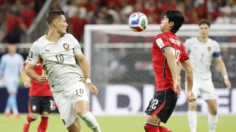 Czech Republic's forward #10 Patrik Schick and South Korea's defender #22 Seol Young-woo fight for the ball during the 2026 World Cup Group A football match between South Korea and the Czech Republic at the Guadalajara Stadium in Zapopan on June 11, 2026.