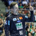 03 June 2026, Saxony-Anhalt, Magdeburg: Handball, Men: Bundesliga, SC Magdeburg - VfL Gummersbach, Matchday 33, GETEC Arena. Nikola Portner (SC Magdeburg) is happy about his save. Photo: Andreas Gora/dpa
