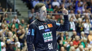 03 June 2026, Saxony-Anhalt, Magdeburg: Handball, Men: Bundesliga, SC Magdeburg - VfL Gummersbach, Matchday 33, GETEC Arena. Nikola Portner (SC Magdeburg) is happy about his save. Photo: Andreas Gora/dpa