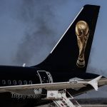 View of the tail wing of the plane that transported the World Cup trophy to Mexico City as part of a tour on February 27, 2026.