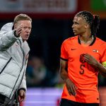 Ronald Koeman, coach of the Netherlands national team, and Nathan Ake of the Netherlands during the 2026 World Cup friendly match between the Netherlands and Algeria at Stadium De Kuip in Rotterdam, the Netherlands, on June 3, 2026. (Photo by Stefan Koops/EYE4IMAGES/NurPhoto)