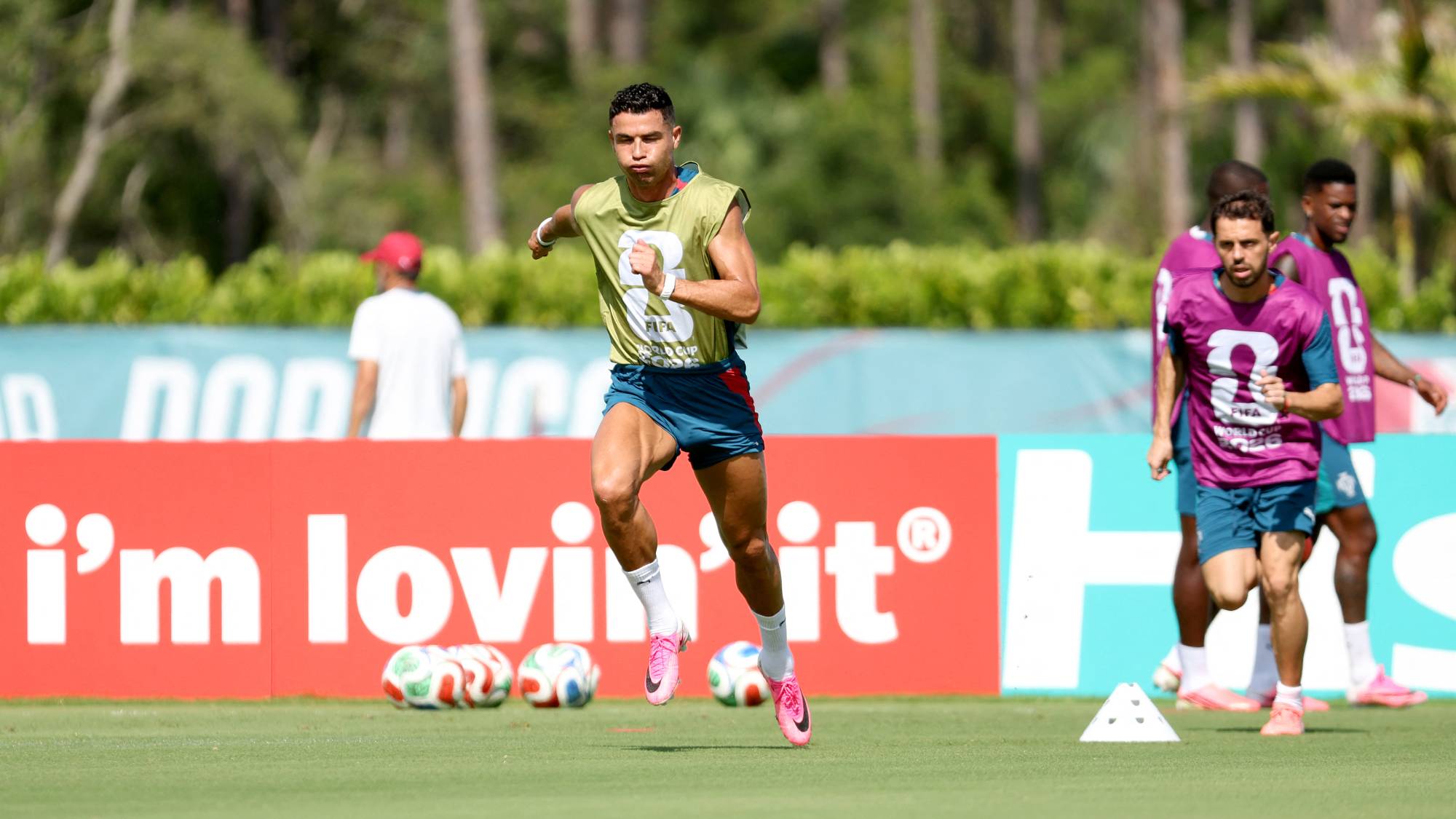 PALM BEACH, FLORIDA - JUNE 22: Cristiano Ronaldo #7 of Portugal warms up during the training of Portugal one day ahead of the FIFA World Cup 2026 Group K match between Portugal and Uzbekistan at Palm Beach Gardens Tennis & Pickleball Center on June 22, 2026 in Palm Beach, Florida. Leonardo Fernandez/Getty Images/AFP