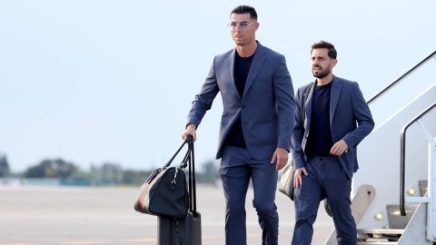 WEST PALM BEACH, FLORIDA - JUNE 12: Cristiano Ronaldo #7 and Bernardo Silva #10 of Portugal arrive at Palm Beach International Airport ahead of the FIFA World Cup 2026 on June 12, 2026 in West Palm Beach, Florida. Leonardo Fernandez/Getty Images/AFP