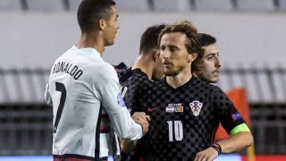 Portugal's midfielder Cristiano Ronaldo (L) greets Croatia's midfielder Luka Modric at the end of the UEFA Nations League A Group 3 football match between Croatia and Portugal at the Poljud Stadium in Split, on November 17, 2020.