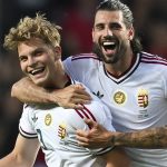 Schäfer András (b) gólöröme a Magyarország - Kazahsztán barátságos labdarúgó-mérkőzésen a debreceni Nagyerdei Stadionban 2026. június 9-én. Mellette Szoboszlai Dominik (j2) és Osváth Attila.
