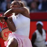 US player Serena Williams returns while playing with Canada's Victoria Mboko against US player Nicole Melichar-Martinez and New Zealand's Erin Routliffe during their round of 16, doubles match at the HSBC WTA tennis Championships at Queen's Club in west London on June 9, 2026.