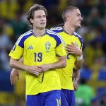 Sweden's midfielder #19 Mattias Svanberg celebrates scoring his team's fourth goal with teammate defender #02 Gustaf Lagerbielke during the 2026 World Cup Group F football match between Sweden and Tunisia at the Monterrey Stadium in Guadalupe on June 14, 2026.