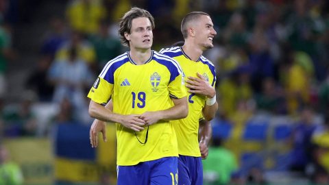 Sweden's midfielder #19 Mattias Svanberg celebrates scoring his team's fourth goal with teammate defender #02 Gustaf Lagerbielke during the 2026 World Cup Group F football match between Sweden and Tunisia at the Monterrey Stadium in Guadalupe on June 14, 2026.
