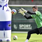 Belgium's goalkeeper Thibaut Courtois takes part in a training session of the Belgian national football team at the Proximus Basecamp in Tubize, on the outskirts of Brussels on June 1, 2026. The Red Devils will face Croatia in a friendly game on June 2, 2026, as part of their preparation ahead of the 2026 FIFA World Cup football tournament.