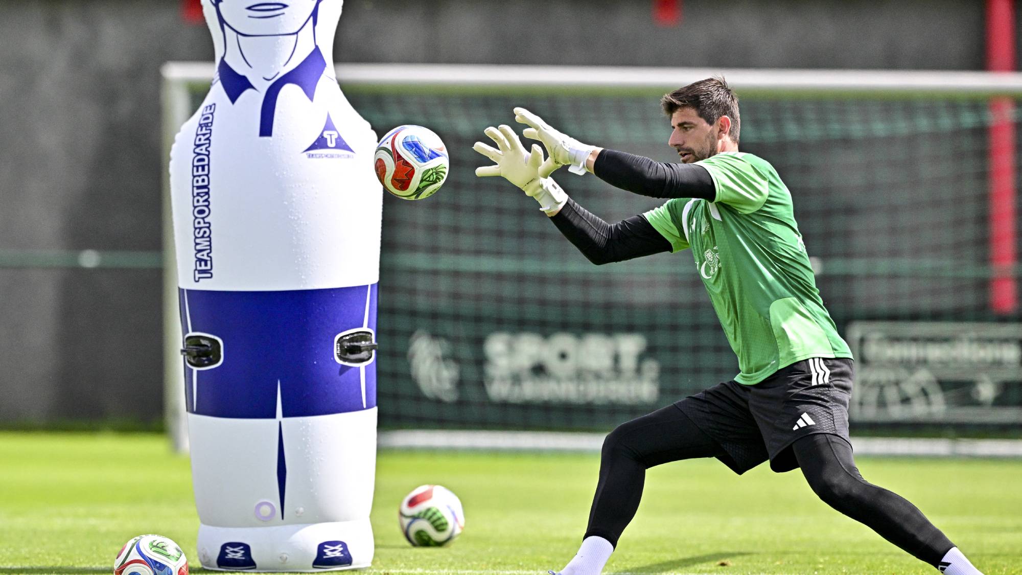 Belgium's goalkeeper Thibaut Courtois takes part in a training session of the Belgian national football team at the Proximus Basecamp in Tubize, on the outskirts of Brussels on June 1, 2026. The Red Devils will face Croatia in a friendly game on June 2, 2026, as part of their preparation ahead of the 2026 FIFA World Cup football tournament.