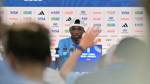 Vinicius Junior a Marokkó elleni vb-mérkőzés előtti sajtótájékoztatón.