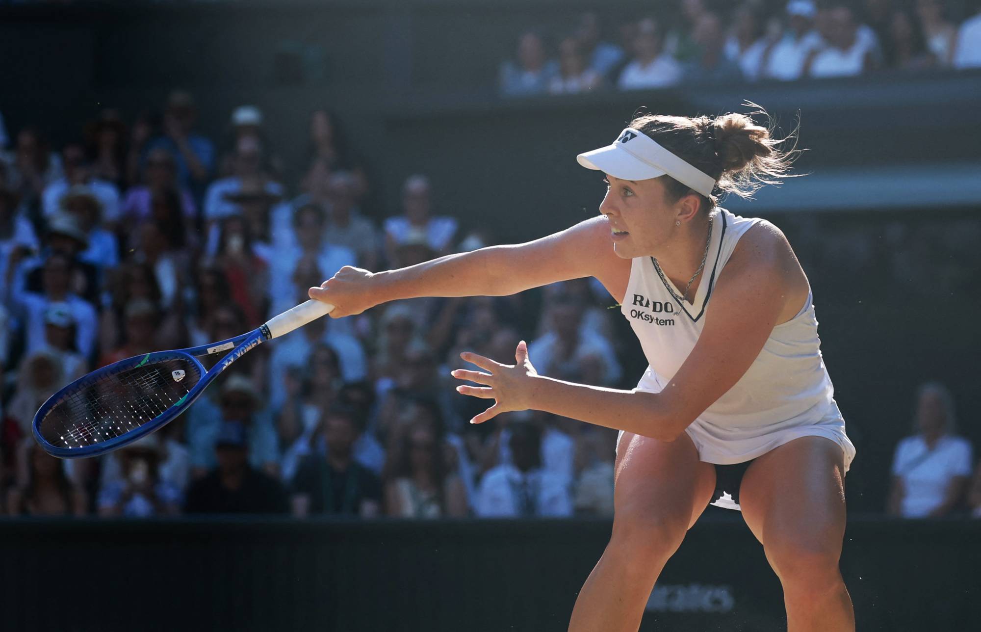 Linda Nosková of Czech Republic hits a ball during the ladies’ singles final match against Karolína Muchová of Czech Republic on day thirteenth of the 2026 Wimbledon Championships at All England Lawn Tennis and Croquet Club in London, United Kingdom on July 11, 2026. ( The Yomiuri Shimbun )