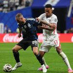Alexis Mac Allister (Argentina) and Morgan Rogers (England) during Semi final at FIFA World Cup 2026, England and Argentina, Atlanta Stadium, Atlanta, USA on July 15 2026. (Photo by Ulrik Pedersen/NurPhoto)