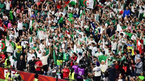 Algeria’s fans cheer on their team during the 2026 World Cup round of 32 football match between Switzerland and Algeria at the BC Place Vancouver Stadium in Vancouver on July 2, 2026.
