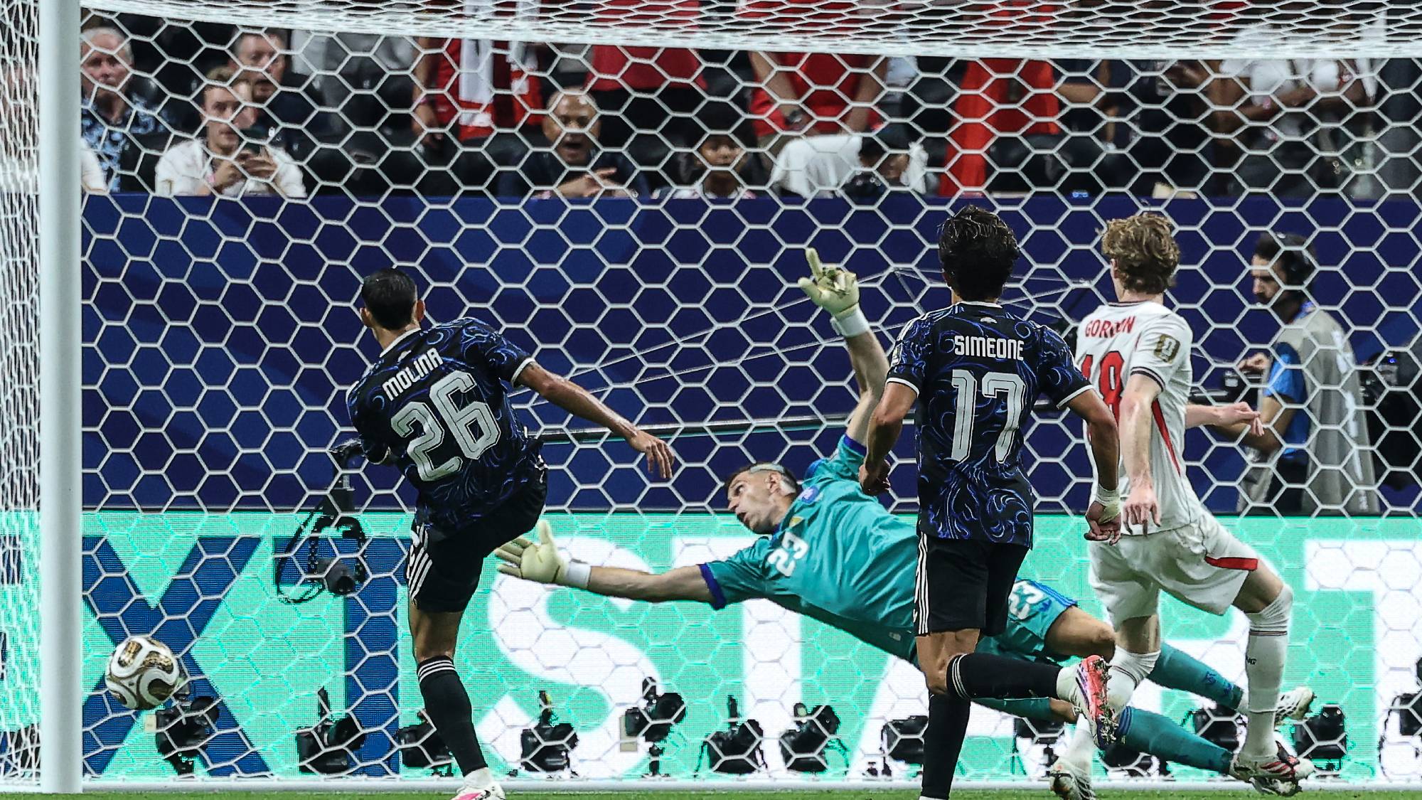 England's forward #18 Anthony Gordon shoots and scores his team's first goal during the 2026 World Cup football tournament semi-final match between England and Argentina at the Atlanta Stadium in Atlanta on July 15, 2026.
