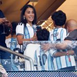 ATLANTA, GEORGIA - JULY 15: Antonela Roccuzzo, wife of Lionel Messi #10 of Argentina celebrate the victory with their kids following the FIFA World Cup 2026 Semi Final football match between England and Argentina at Atlanta Stadium on July 15, 2026 in Atlanta, Georgia. (Photo by Jean Catuffe/Getty Images)