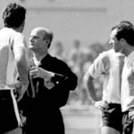 File dated 23.7.66 of former Argentine captain, Antonio Rattin (No 10), being sent off by the German referee officiating at Wembley, during their match against England in the World Cup quarter-final. Papers released today (Tuesday) under the 30-year rule at the Public Record Office in Kew show how the Foreign Office was sometimes left to pick up the pieces on the England team's road to Wembley glory. The files show how England's victory over the Argentinians raised feelings among the South Americans close to a point where they could have damaged relations between the two countries. **AVAILABLE IN B/W ONLY** See PA Story RECORDS Soccer. (Photo by PA Images via Getty Images)