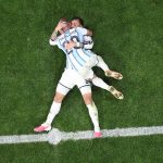 ATLANTA, GEORGIA - JULY 07: Alexis Mac Allister #20 and Leandro Paredes #5 of Argentina celebrate the team's third goal scored by Enzo Fernandez #24 (not pictured) during the FIFA World Cup 2026 Round of 16 match between Argentina and Egypt at Atlanta Stadium on July 07, 2026 in Atlanta, Georgia. Dan Mullan/Getty Images/AFP