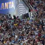 Argentina's fans celebrates at the end of the 2026 World Cup round of 16 football match between Argentina and Egypt at Atlanta Stadium in Atlanta on July 7, 2026.