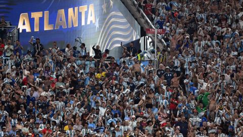Argentina's fans celebrates at the end of the 2026 World Cup round of 16 football match between Argentina and Egypt at Atlanta Stadium in Atlanta on July 7, 2026.