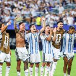 Argentina players celebrate their 3–2 victory over Cape Verde after the FIFA World Cup 2026 Round of 32 match at Miami Stadium, in Florida, United States, on Friday, July 03, 2026.
