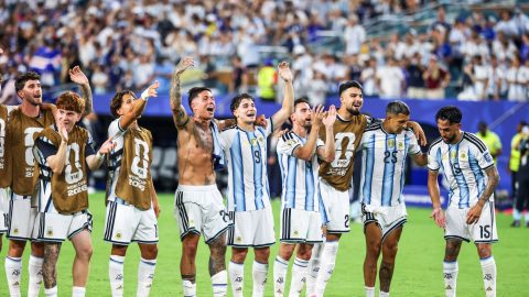 Argentina players celebrate their 3–2 victory over Cape Verde after the FIFA World Cup 2026 Round of 32 match at Miami Stadium, in Florida, United States, on Friday, July 03, 2026.