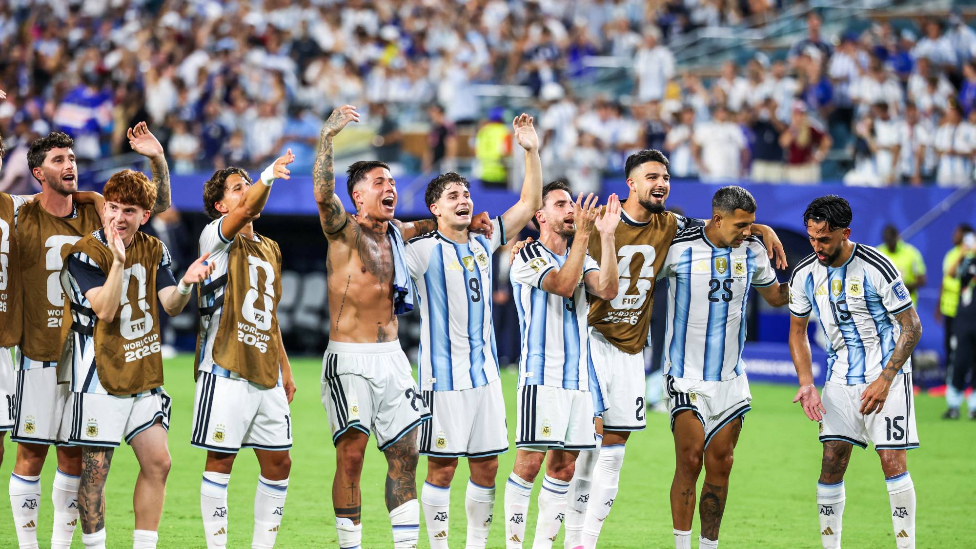 Argentina players celebrate their 3–2 victory over Cape Verde after the FIFA World Cup 2026 Round of 32 match at Miami Stadium, in Florida, United States, on Friday, July 03, 2026.