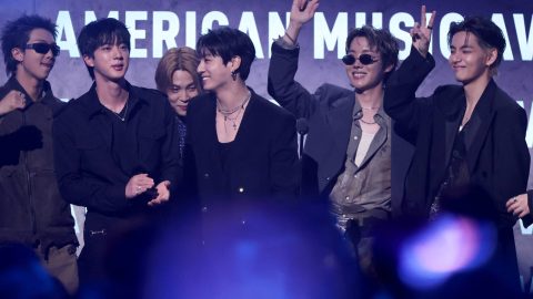South Korean boy band BTS accepts the Artist of the Year Award on stage during the American Music Awards at the MGM Grand Garden Arena in Las Vegas, Nevada on May 25, 2026.