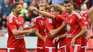 Cibla Flórián, a Debrecen játékosa (j2) gólöröme a Konferencia-liga selejtezőjének 2. fordulójában játszott Debreceni VSC - Pjunik Jereván mérkőzésen a debreceni Nagyerdei Stadionban 2026. július 23-án.