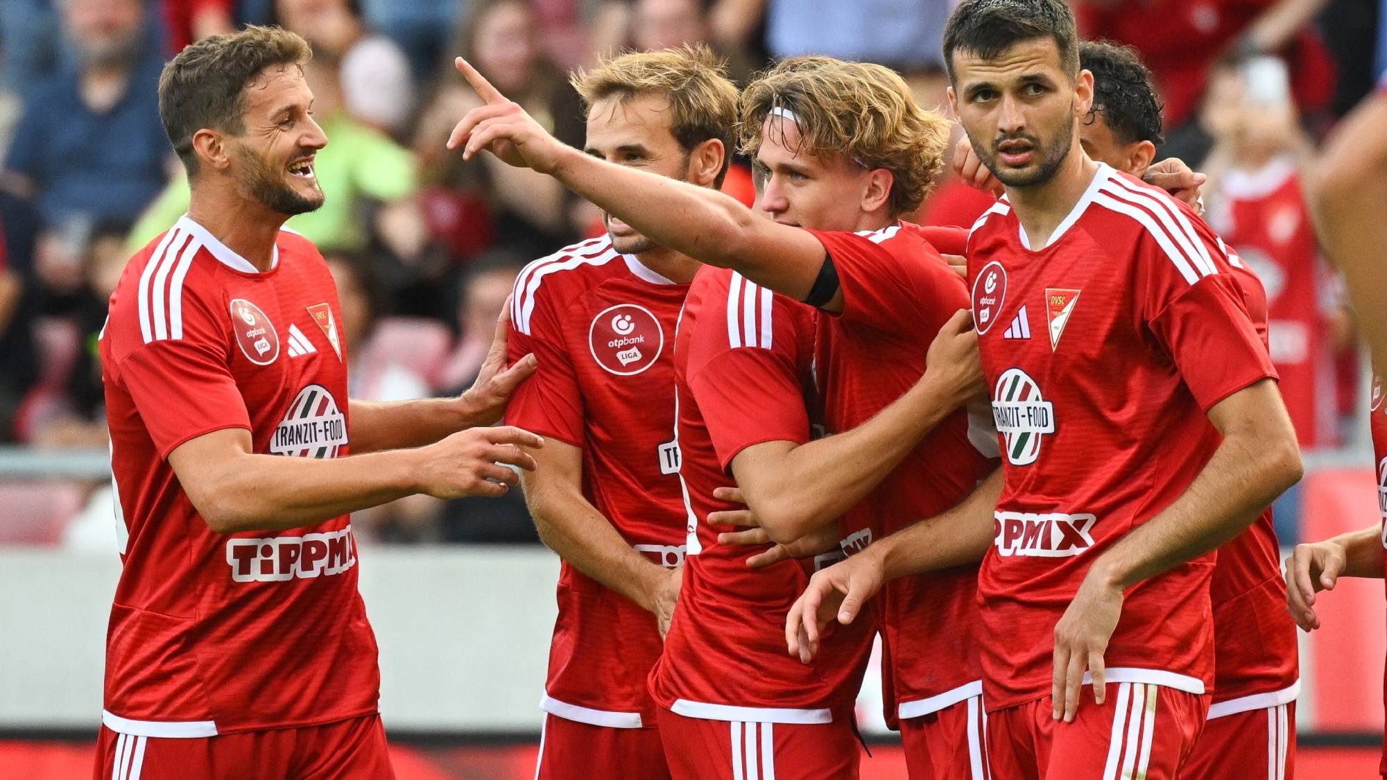 Cibla Flórián, a Debrecen játékosa (j2) gólöröme a Konferencia-liga selejtezőjének 2. fordulójában játszott Debreceni VSC - Pjunik Jereván mérkőzésen a debreceni Nagyerdei Stadionban 2026. július 23-án.