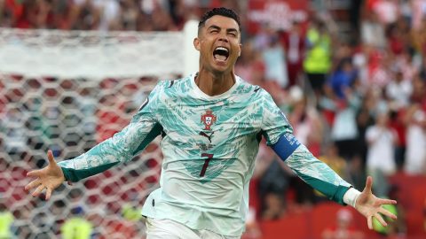 Cristiano Ronaldo a horvátok elleni gólját ünnepli a vébén.