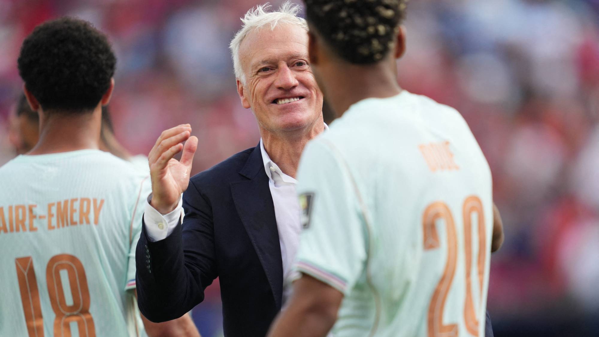 Desire Doue (France) and Didier Deschamps (France) celebrate during Quarter final FIFA World Cup 2026, France and Morocco, Boston Stadium, Boston, USA on July 09 2026. (Photo by Ulrik Pedersen/NurPhoto)