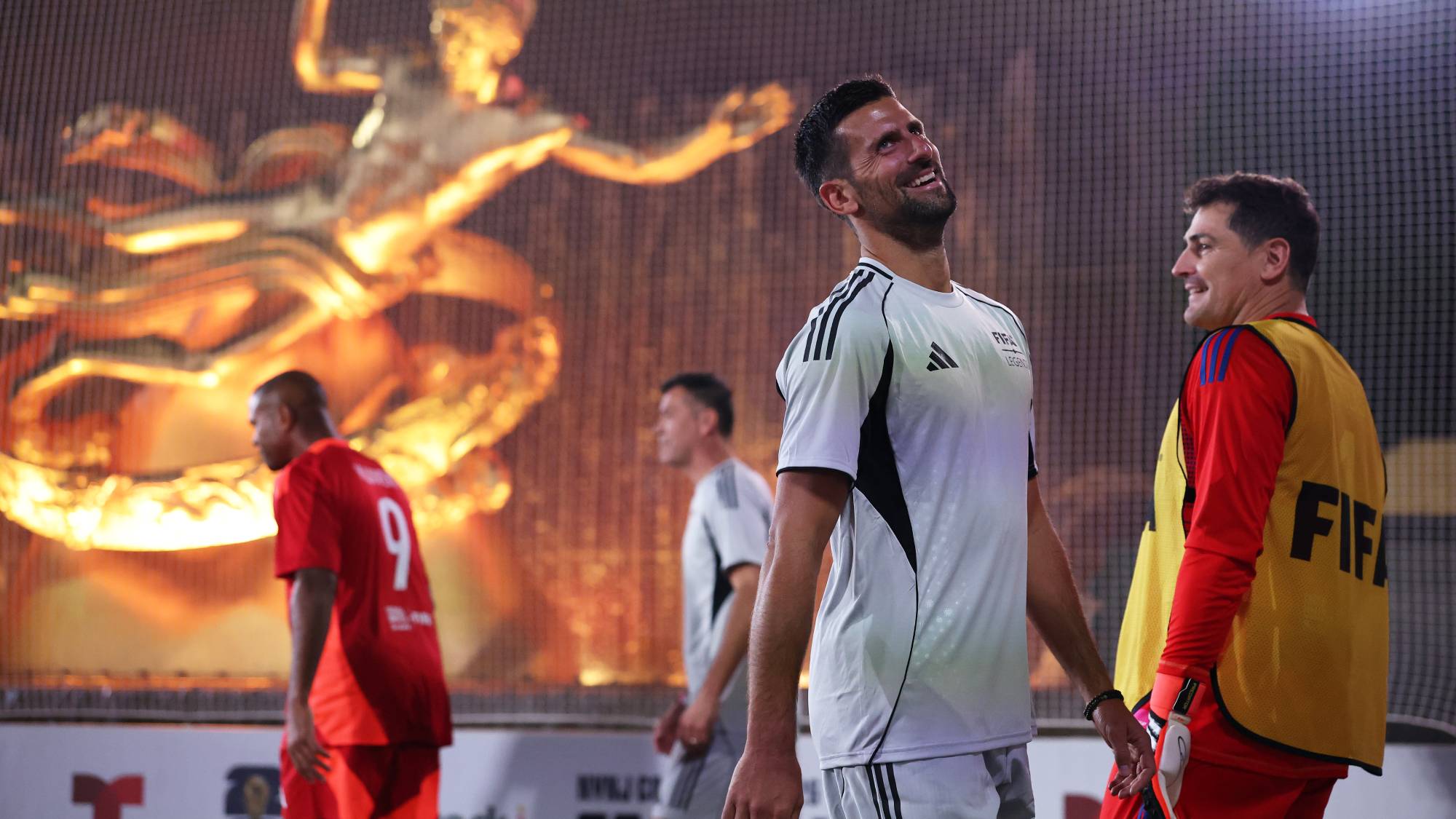 NEW YORK, NEW YORK - JULY 17: Novak Djokovic of FIFA Legends Grey team reacts during the FIFA Legends Cup at Rockefeller Center on July 17, 2026 in New York City. (Photo by Ryan Pierse - FIFA/FIFA via Getty Images)