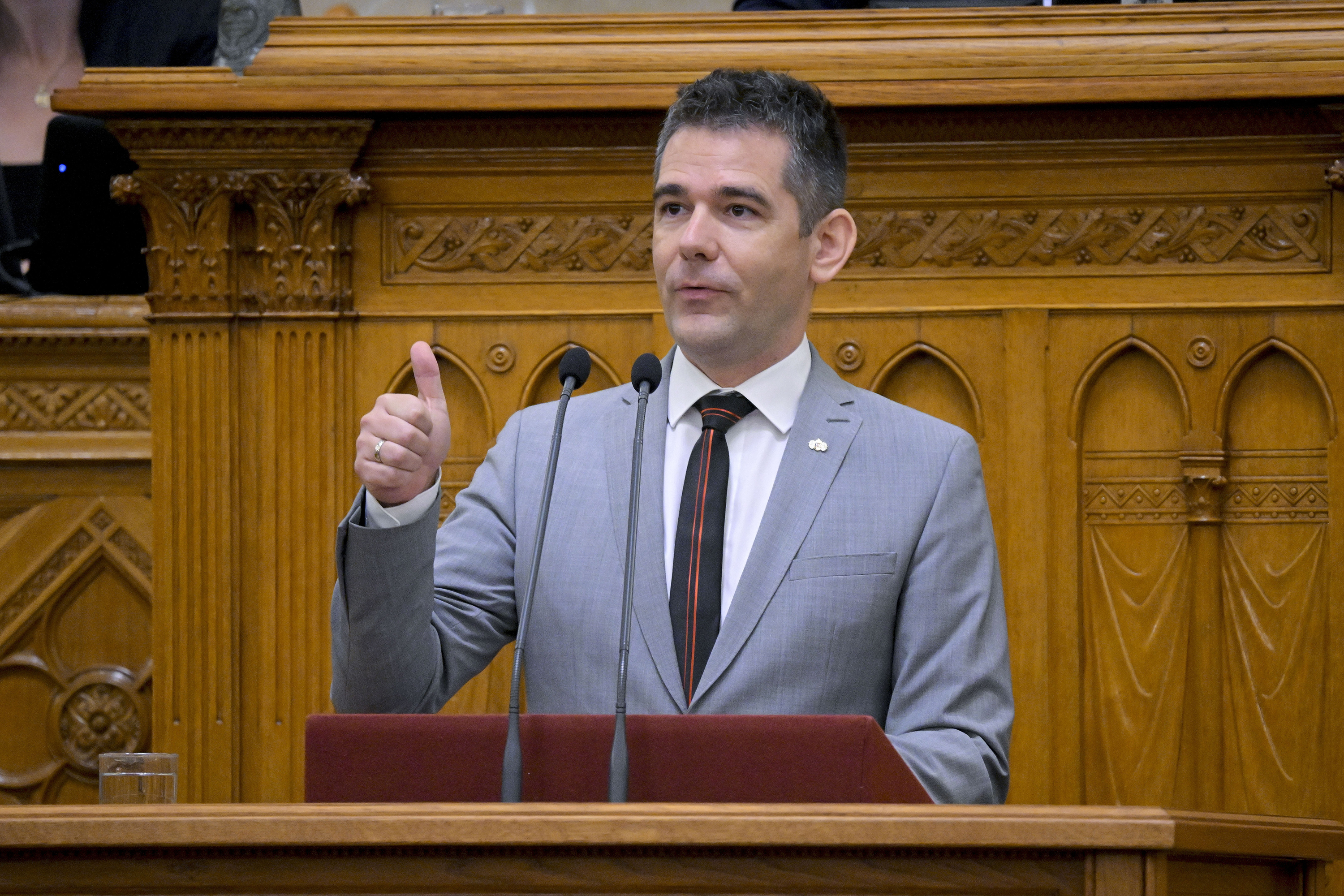 Novák Előd, a Mi Hazánk vezérszónoka felszólal az elmúlt rendszer titkosszolgálati tevékenységének teljes körű feltárásáról és az Állambiztonsági Szolgálatok Történeti Levéltáráról szóló törvényjavaslat általános vitájában az Országgyűlés rendkívüli ülésén 2026. július 28-án.