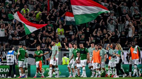 A győztes Ferencváros játékosai a labdarúgó Európa-liga selejtezőjének 1. fordulójában játszott Ferencváros - Vojvodina visszavágó mérkőzés után.
