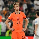 Netherlands' midfielder #21 Frenkie de Jong reacts after losing the penalty shootout of the 2026 World Cup round of 32 football match between the Netherlands and Morocco at the Monterrey Stadium in Guadalupe on June 29, 2026.