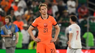 Netherlands' midfielder #21 Frenkie de Jong reacts after losing the penalty shootout of the 2026 World Cup round of 32 football match between the Netherlands and Morocco at the Monterrey Stadium in Guadalupe on June 29, 2026.