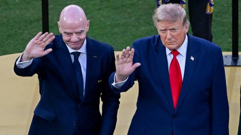 Gianni Infantino, president of FIFA, and Donald Trump, president of the United States, pose with the World Cup Trophy after the 2026 FIFA World Cup final match between Spain and Argentina at MetLife Stadium in East Rutherford, New Jersey, on July 19, 2026. (Photo by Waleed Ibrahim/NurPhoto)