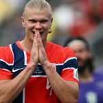 Norway's forward #09 Erling Braut Haaland reacts after missing a change during the 2026 World Cup round of 16 football match between Brazil and Norway at the New York/New Jersey Stadium in East Rutherford on July 5, 2026.