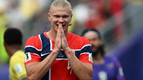Norway's forward #09 Erling Braut Haaland reacts after missing a change during the 2026 World Cup round of 16 football match between Brazil and Norway at the New York/New Jersey Stadium in East Rutherford on July 5, 2026.