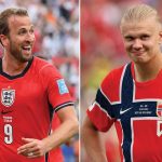 (COMBO) This combination of pictures created on July 10, 2026, shows England's forward #09 Harry Kane at the New York/New Jersey Stadium in East Rutherford on June 27, 2026; and Norway's forward #09 Erling Braut Haaland at the New York/New Jersey Stadium in East Rutherford on July 5, 2026. Norway and England will meet in a 2026 World Cup football tournament quarter-final match in Miami on July 11, 2026.