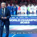 President of the International Handball Federation (IHF) Hassan Moustafa speaks during the medal ceremony of the IHF World Women's Handball Championship in Herning, Denmark on December 17, 2023.