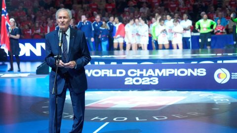 President of the International Handball Federation (IHF) Hassan Moustafa speaks during the medal ceremony of the IHF World Women's Handball Championship in Herning, Denmark on December 17, 2023.
