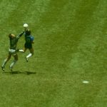 MEXICO CITY, MEXICO - JUNE 22: Argentina player Diego Maradona outjumps England goalkeeper Peter Shilton to score with his 'Hand of God' goal as England defenders Kenny Sansom (top) Gary Stevens (c) and Terry Fenwick look on during the 1986 FIFA World Cup Quarter Final at the Azteca Stadium on June 22, 1986 in Mexico City, Mexico. (Photo by Allsport/Getty Images)