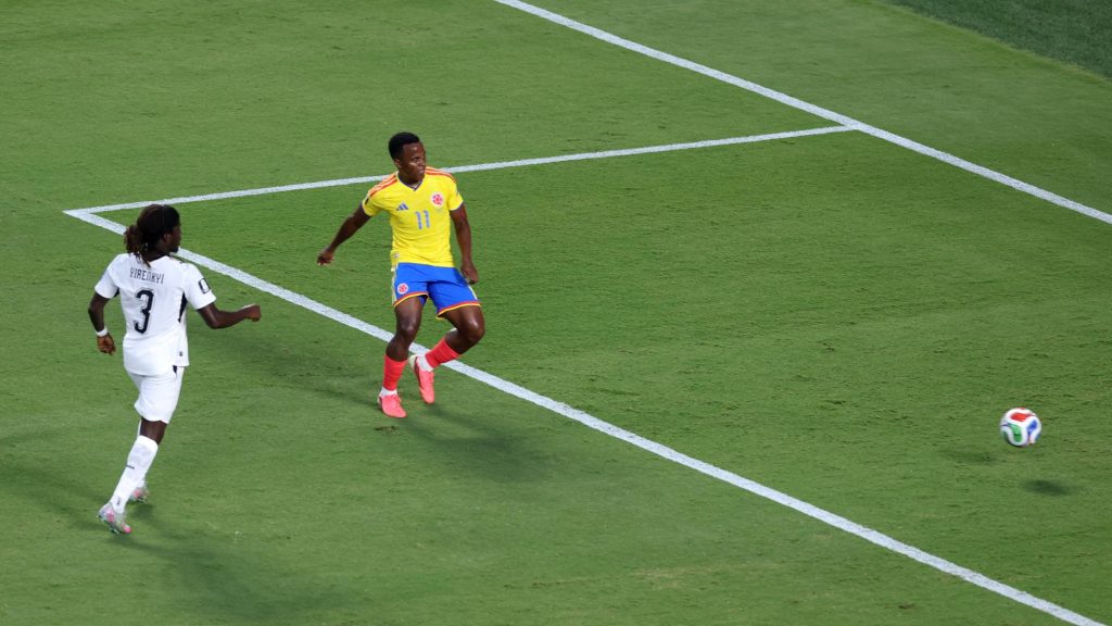 KANSAS CITY, MISSOURI - JULY 03: Jhon Arias #11 of Colombia scores his team's first goal during the FIFA World Cup 2026 Round of 32 match between Colombia and Ghana at Kansas City Stadium on July 03, 2026 in Kansas City, Missouri. Carl Recine/Getty Images/AFP