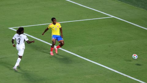 KANSAS CITY, MISSOURI - JULY 03: Jhon Arias #11 of Colombia scores his team's first goal during the FIFA World Cup 2026 Round of 32 match between Colombia and Ghana at Kansas City Stadium on July 03, 2026 in Kansas City, Missouri. Carl Recine/Getty Images/AFP
